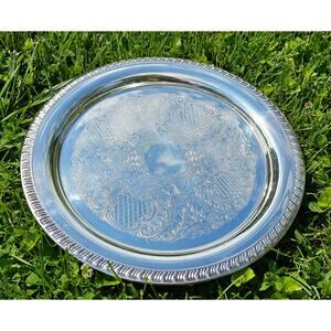Leonard EP Silver Plated Ornate Engraved Round Serving Platter 12 Old Money Tray
